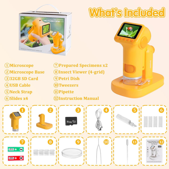 1600X Digitales Mikroskop für Kinder, 2-in-1 Kinder Mikroskop mit 2,0" HD-Bildschirm, inkl. 32 GB SD