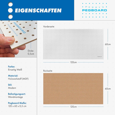 Pegboard 2 St. Werkzeugwand aus Holz (MDF) 120 x 60 x 0,5 cm - Lochung Ø7 mm Lochabstand 25,4 mm - w