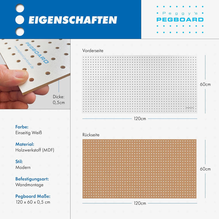 Pegboard 1 St. Werkzeugwand aus Holz (MDF) 120 x 60 x 0,5 cm - Lochung Ø7 mm Lochabstand 25,4 mm - w