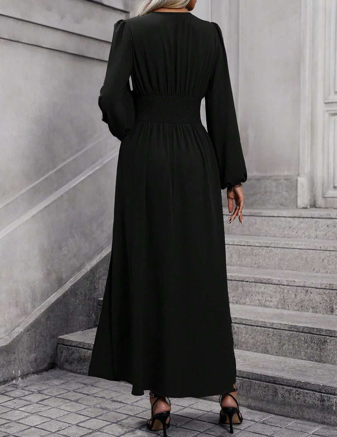 Damen Kleid 2.0 Elegant Langarm V-Ausschnit Tunika Maxikleider Casual Hohe Taille Saumschlitz Cockta