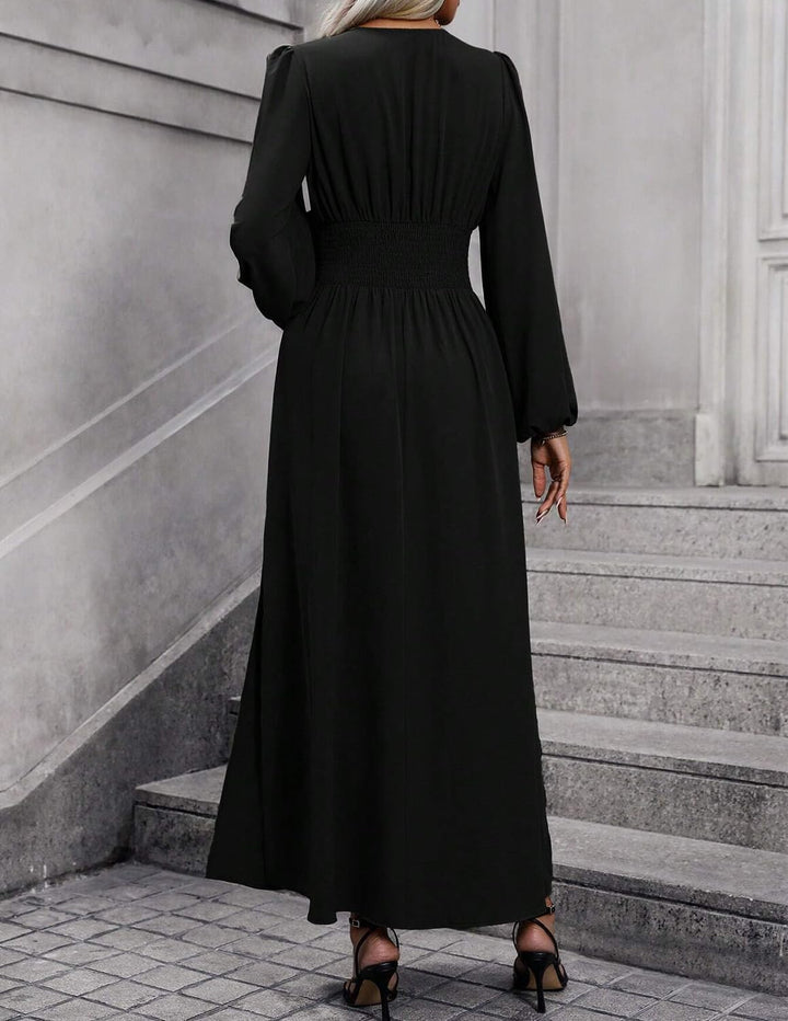 Damen Kleid 2.0 Elegant Langarm V-Ausschnit Tunika Maxikleider Casual Hohe Taille Saumschlitz Cockta