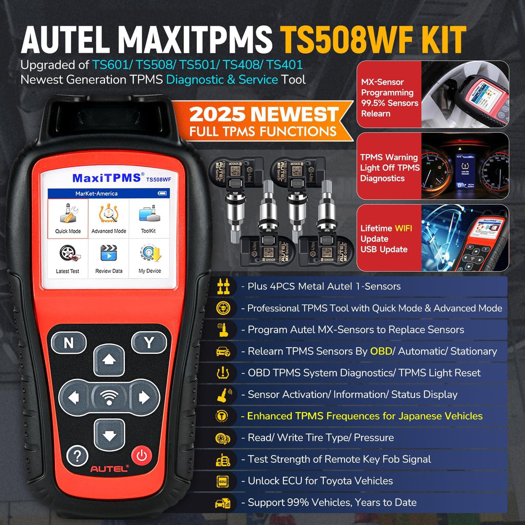 Autel MaxiTPMS TS508WF KIT mit 4 2-IN-1 Metall MX-Sensoren [Wert €120], 2024 WiFi TPMS Programmierun