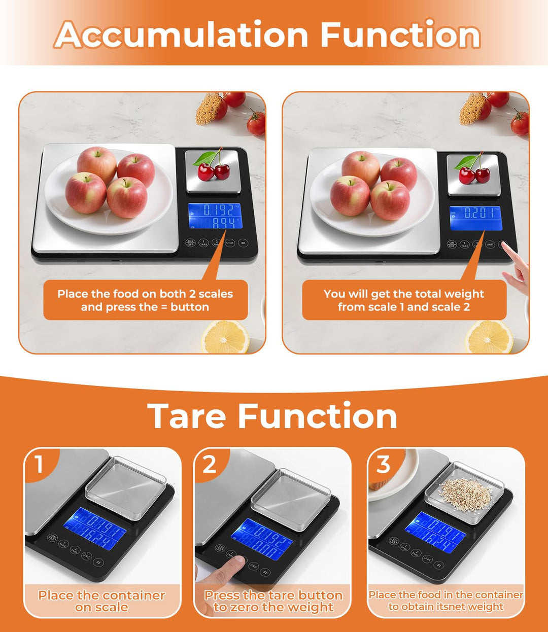 Doppelplattform-Digitalwaage,Digitale Küchenwaage(10kg/1g & 500g/0.01g),USB-Aufladung und Batteriebe