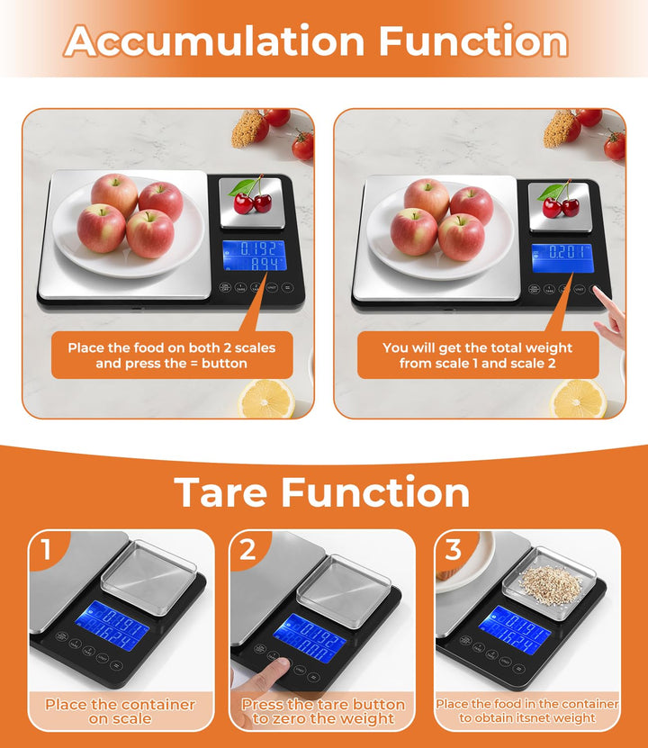 Doppelplattform-Digitalwaage,Digitale Küchenwaage(10kg/1g & 500g/0.01g),USB-Aufladung und Batteriebe