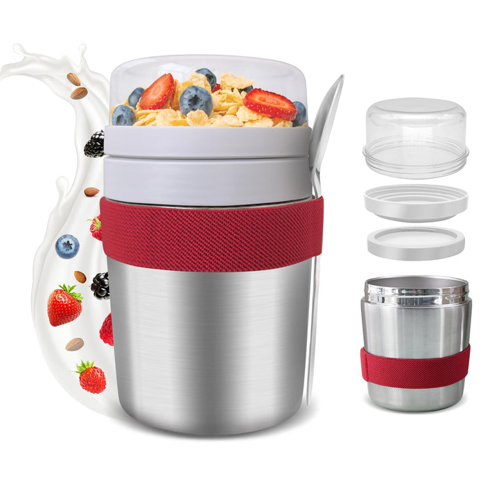 Müslibecher to Go Edelstahl mit Löffel, Vakuumisolierter Joghurtbecher to Go 500ml+220ml, Müslibeche