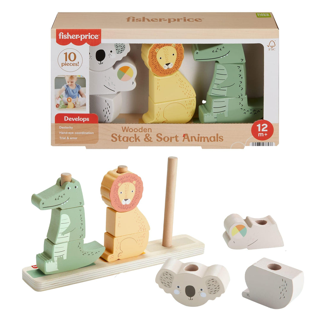 Fisher-Price Baby und Kleinkinder Stapel- und Sortiert-Tierwelt aus Holz, 10 Holzteile für die spiel