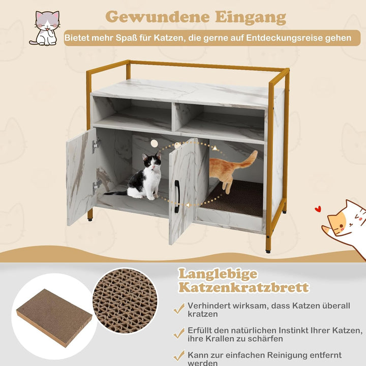 GOPLUS Katzenschrank, Katzentoilette mit Doppeltüren & stabilem Metallrahmen & Kratzbrett & 2 Fächer