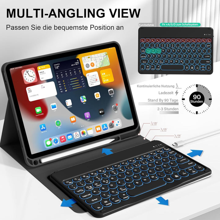 Hülle mit Tastatur für iPad 11 Generation A16/10 Generation (11/10.9 Zoll,2025/2022),7-farbige Beleu