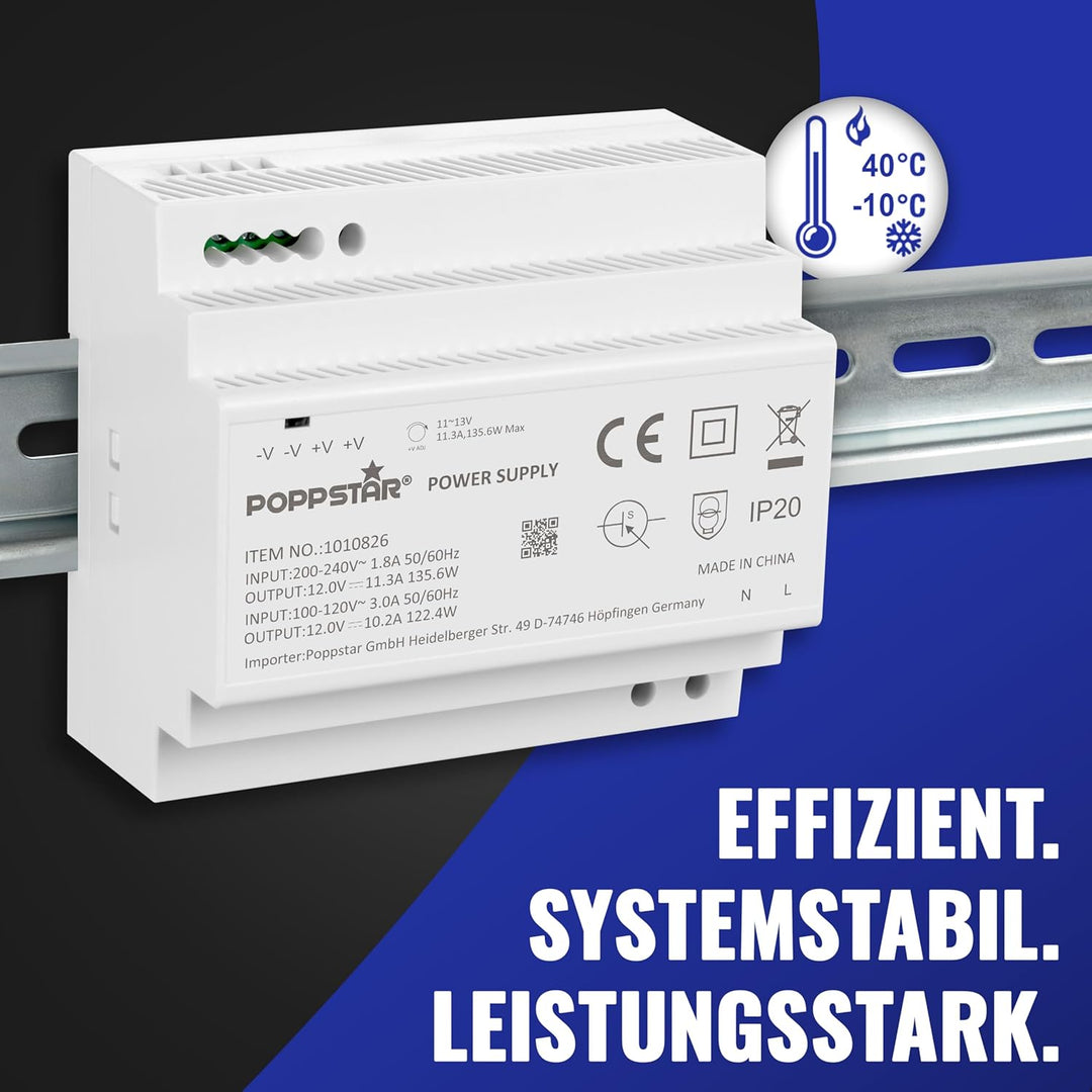 Poppstar 12V Trafo Hutschiene 11,3 A max. 135W (Input 100-240 V AC 50/60 Hz) Hutschienen-Netzteil 12