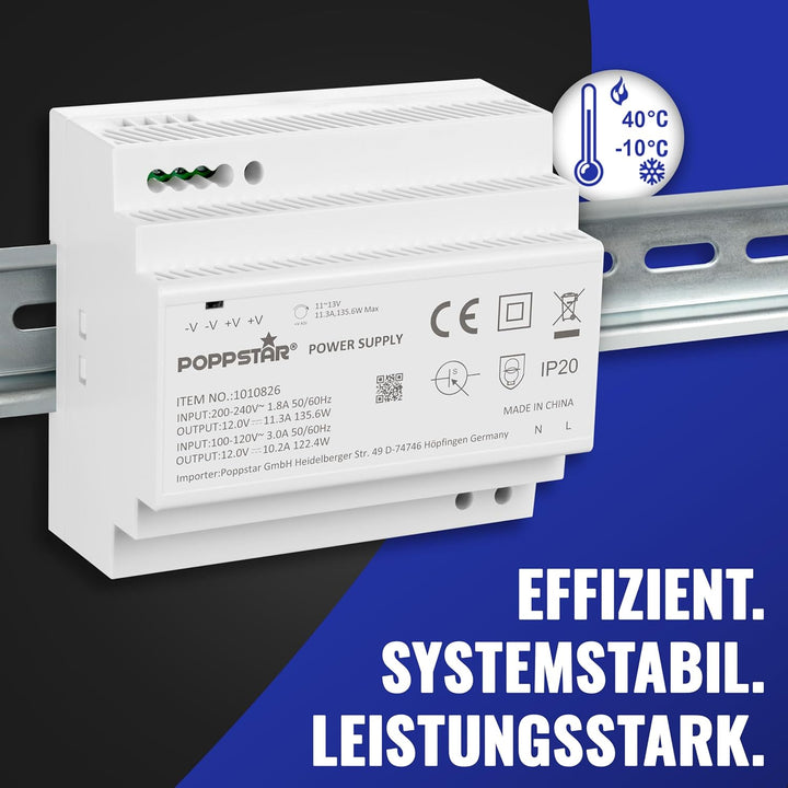 Poppstar 12V Trafo Hutschiene 11,3 A max. 135W (Input 100-240 V AC 50/60 Hz) Hutschienen-Netzteil 12