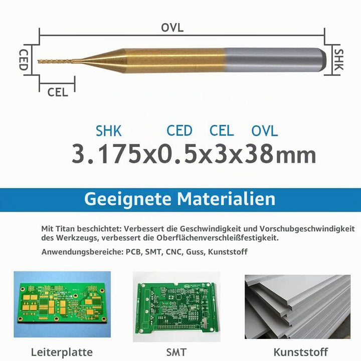 EU_HOZLY Titanium Coat Carbide 3.175mmX0.5mmX3mm Endmühle Gravur Bits CNC Rotary Burrs Packung von 1