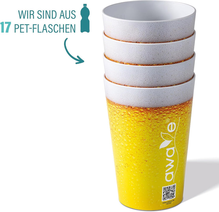 AWAVE Trinkbecher Set 4-teilig aus rPET, 500 ml, mit Eichstrich, Stapelbar, Mehrweg Wiederverwendbar