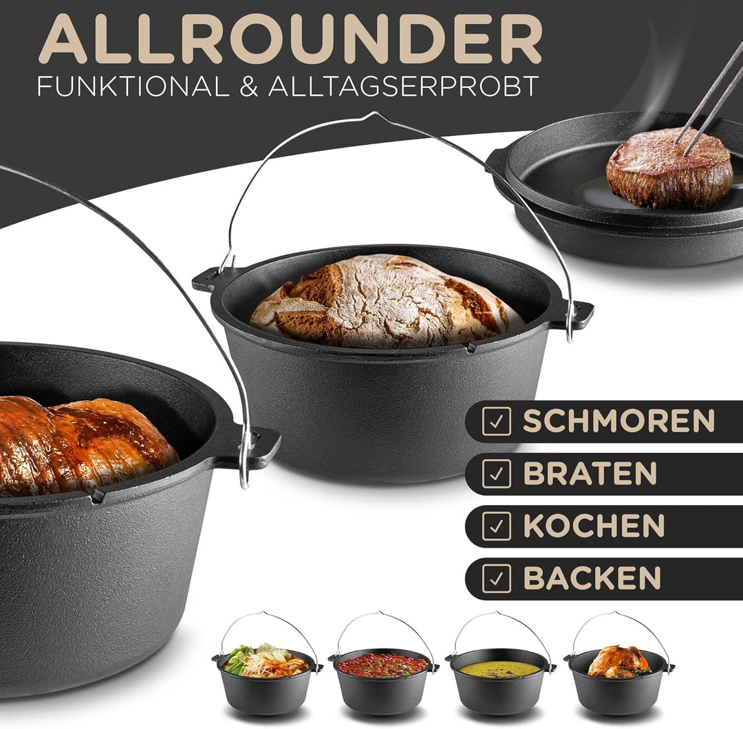 JAXX | 9 Liter Dutch Oven Set | Eingebrannter Feuertopf aus Gusseisen | Dutch Oven Zubehör inkl. Dec