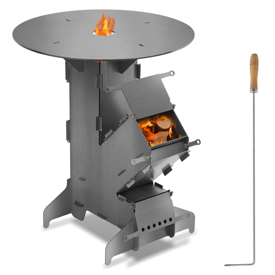 Raketenofen mit Grillplatte und Feuerhaken, Rocket Stove Outdoor, Stecksystem, 3 mm dickem Stahl, Ho