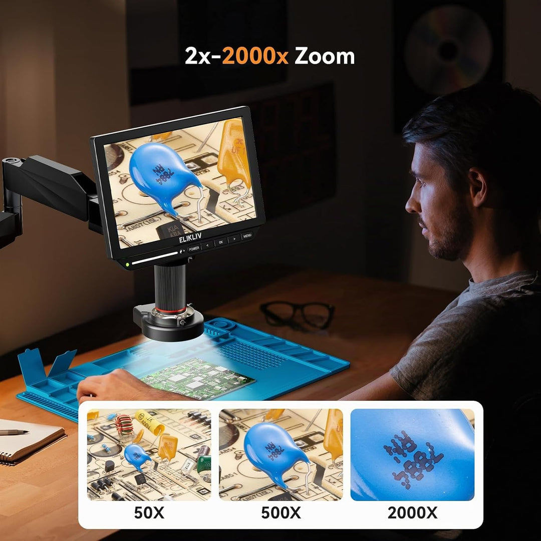 Elikliv EM4K Flex 4K Löt-Digitalmikroskop 2000x, Flexibler Armständer, 10,1" HDMI-Mikroskop mit Ring