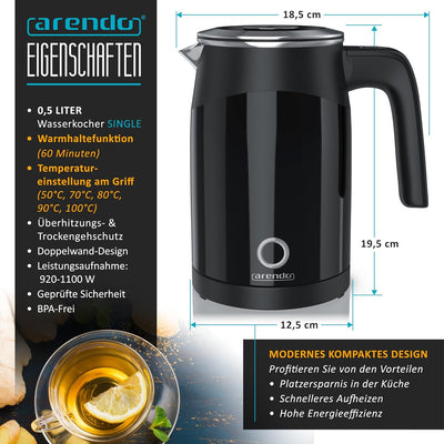 Arendo - 0,5l Edelstahl Wasserkocher mit Temperatureinstellung im Doppelwand-Design - 0,5l Wasser-Fü