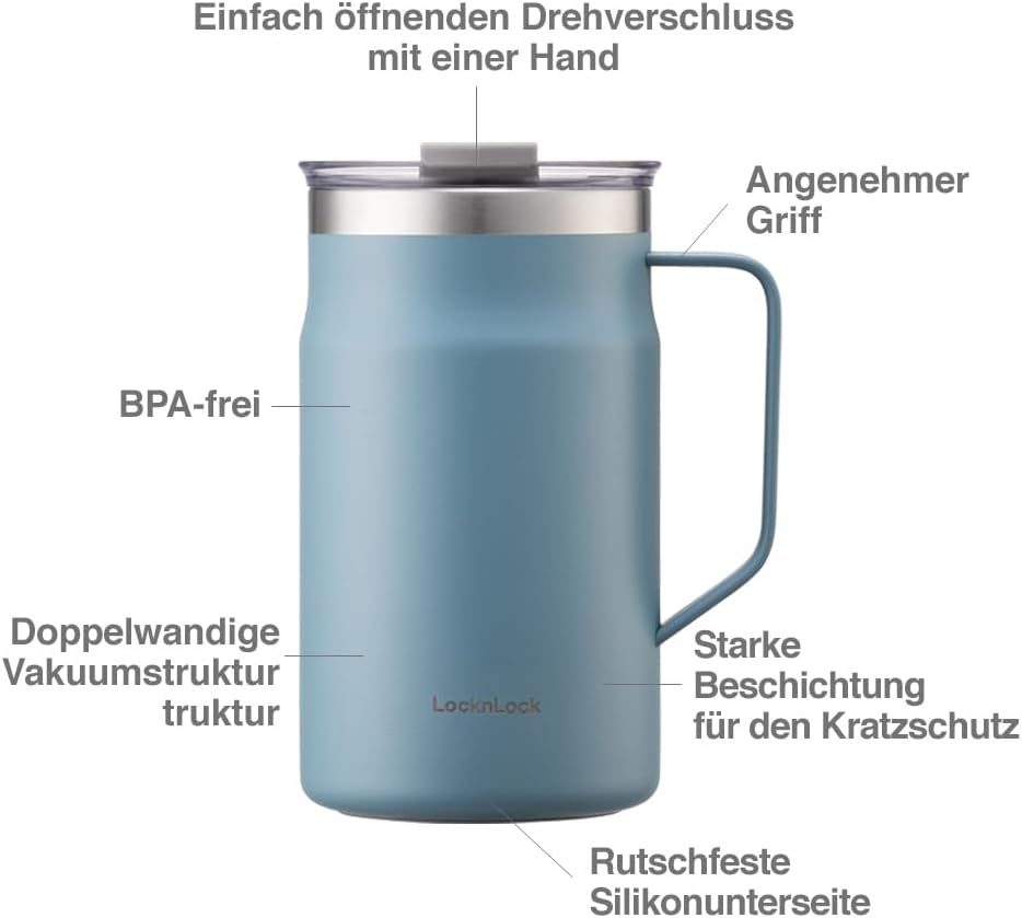 LocknLock Metro Becher Premium 18/8 Edelstahl doppelwandig isoliert mit Griff, perfekt für Tisch mit