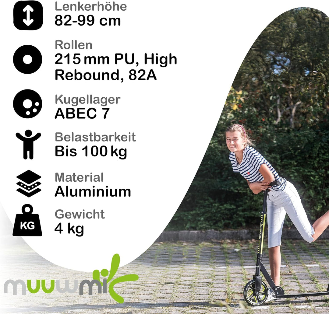 muuwmi Aluminium Scooter Pro – Tretroller, 215 mm, ABEC 7, für Kinder und Erwachsene, GS-geprüft, hö
