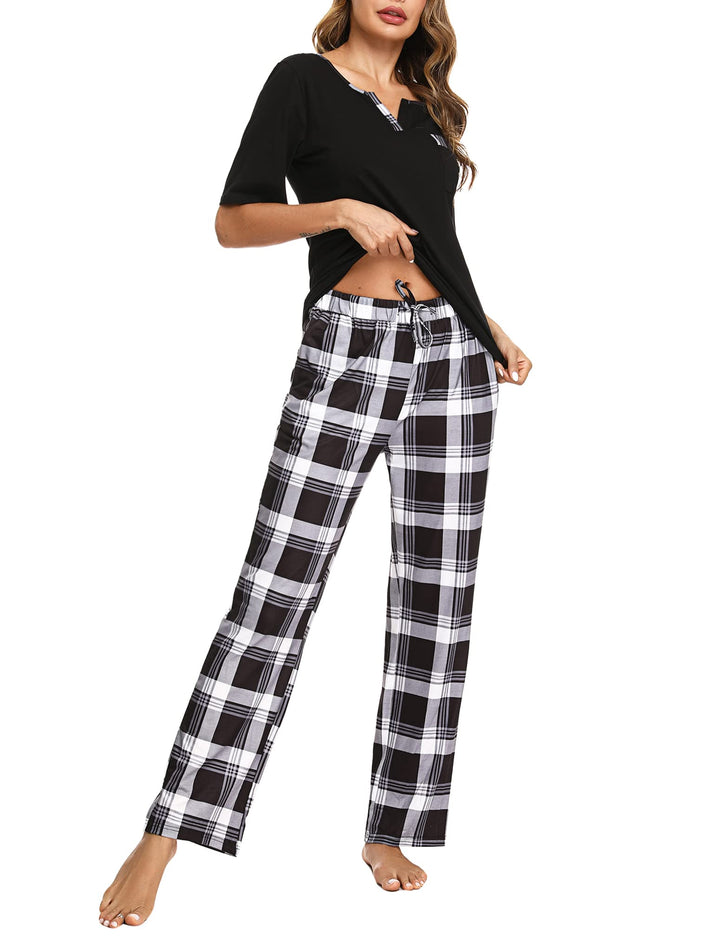 Bresdk Schlafanzug Damen Lang Kariert Kurzarm Pyjama Set Baumwolle Nachtwäsche S Schwarz M964, S Sch