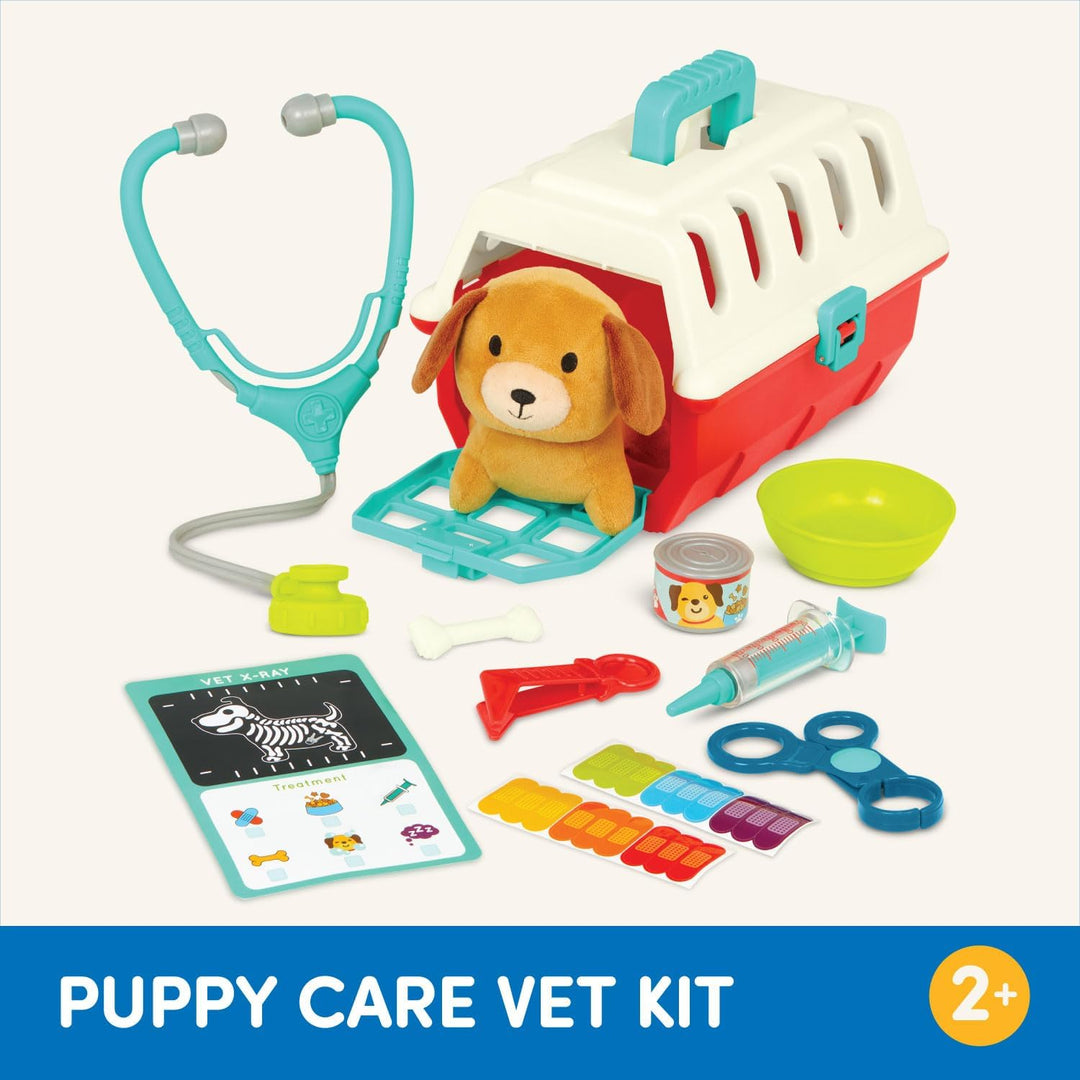 Battat – Welpenpflege Vet Kit – Mini-Tierarzt-Spielset (11 Teile) – Plüschhund & Tragetasche – Aufkl