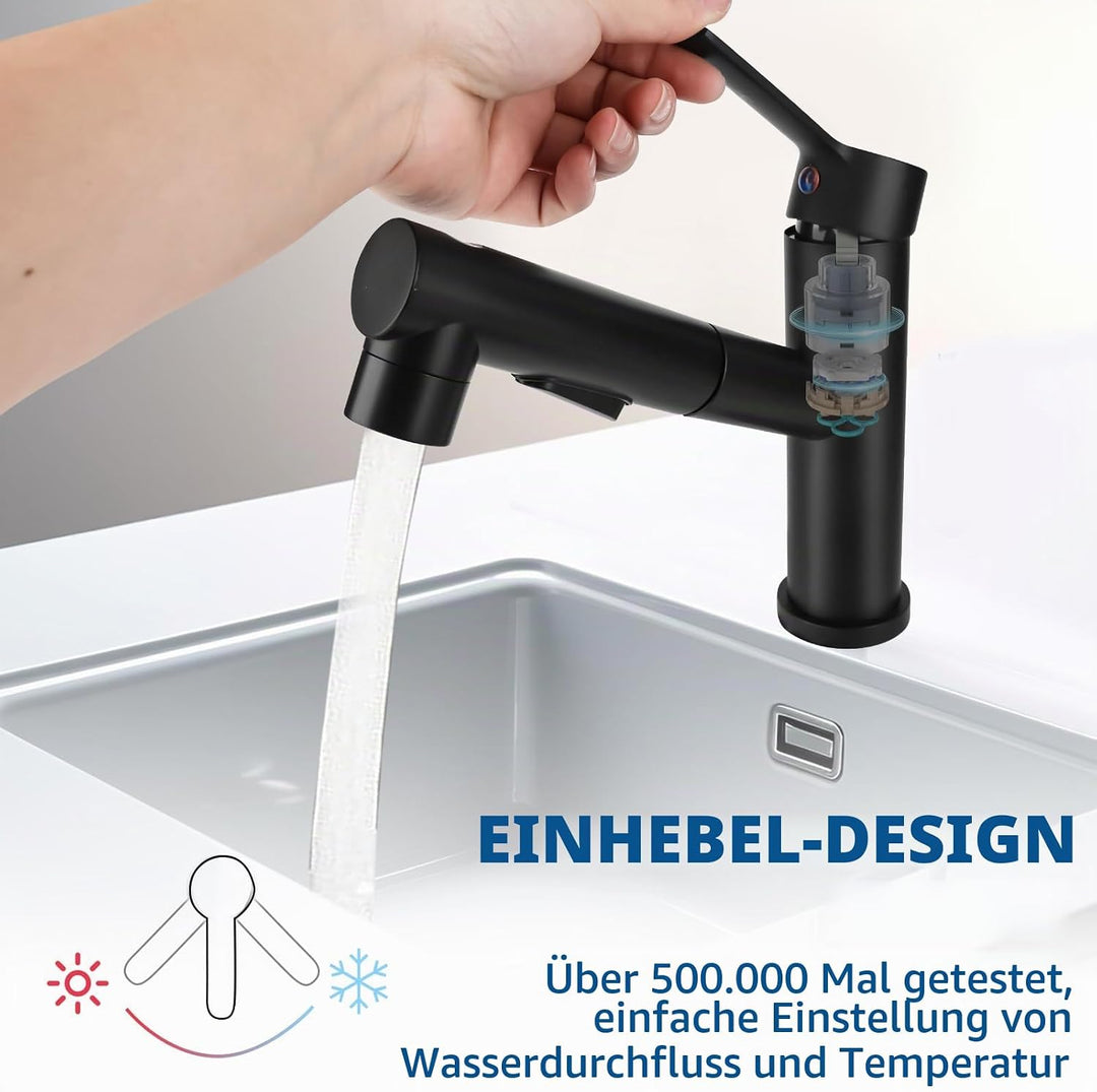 Wasserhahn Bad mit Ausziehbar Brause, Hochdruck Waschtischarmatur Einhebelmischer Mischbatterie mit
