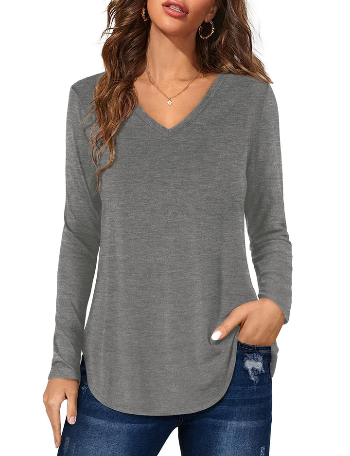 Florboom Tunika Damen Langarm/Kurzarm V Ausschnitt Oberteil Shirts Basic Casual Longshirt XXL A-grau