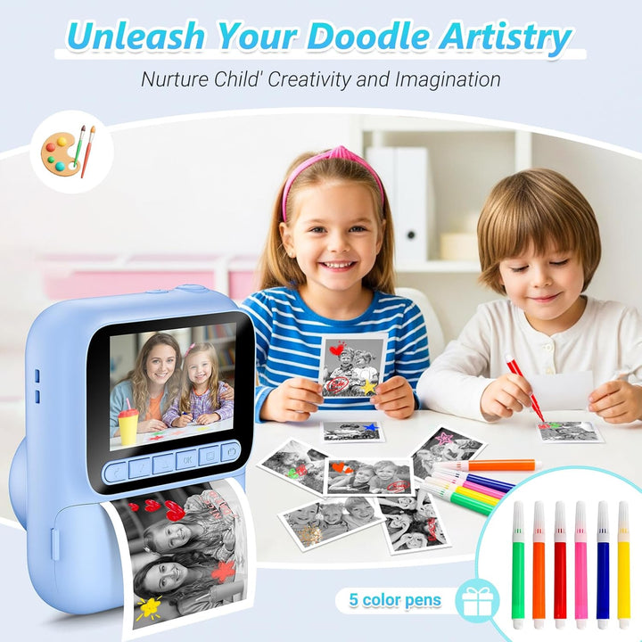 Sofortbildkamera für Kinder,1080P Kinderkamera mit 5 Rollen Druckpapier,32GB-Karte und Farbstiften,T
