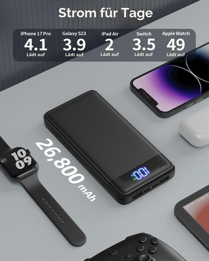 Power Bank 26800mAh, 22.5W Powerbank, Externer Handyakku Schnellladen USB C Input &amp; Output mit LED A