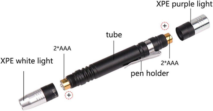 POCKETMAN Mini Taschenlampe LED 395nm UV Taschenlampe 2 Lichtquelle Mini Stift Taschenlampe mit Bele