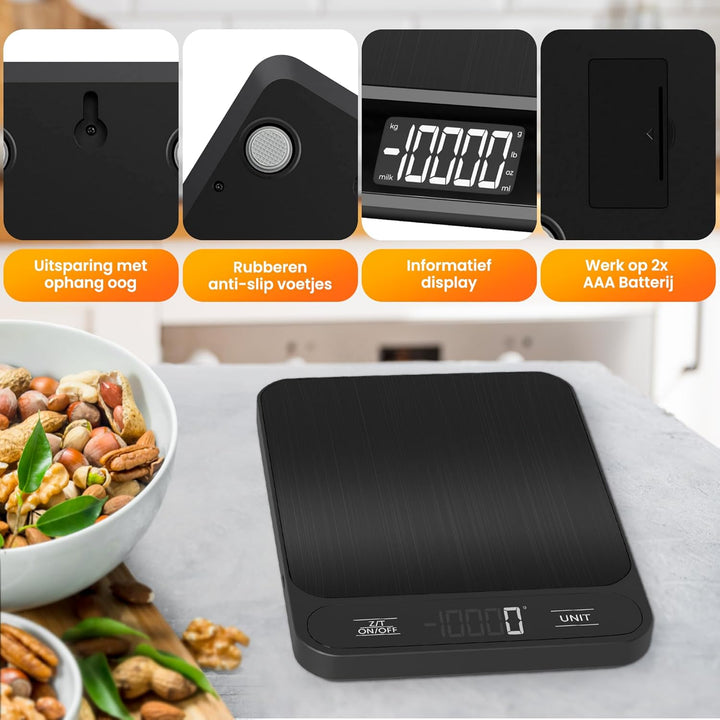 Strex Küchenwaage Digital - Waage Küche - 1 g bis 10 kg - Tarra Funktion - Inklusive Batterien - Sch