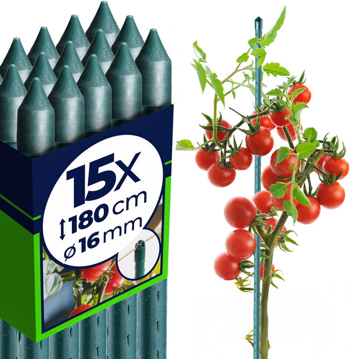 KADAX Blumenstütze aus Stahl 15 Stück, 180cm x 16mm Beschichtete Pflanzstab, Pflanzen-Rankstab, wett