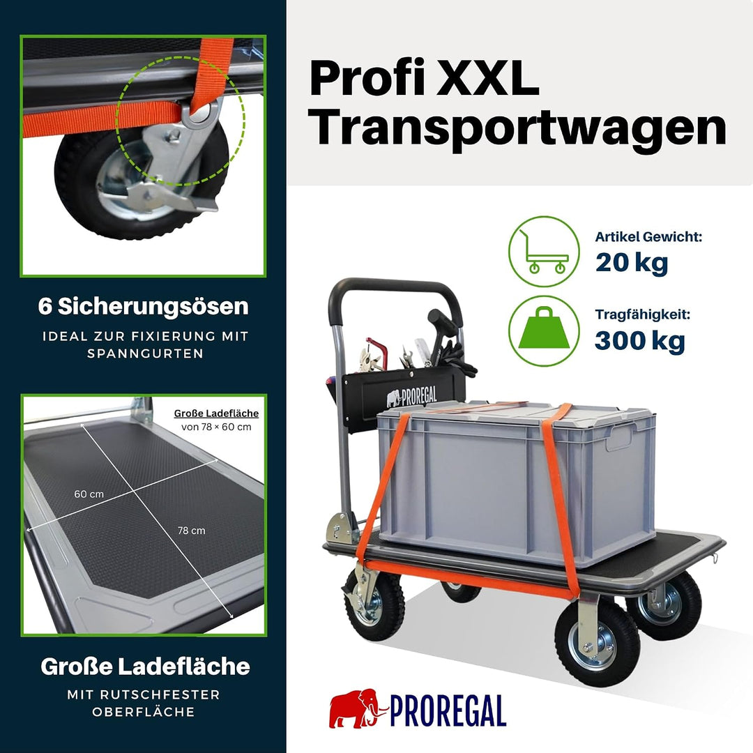 PROREGAL Profi-Plattformwagen Transportwagen Big Rhino 300kg klappbar mit Luftreifen, 360° Lenkrolle