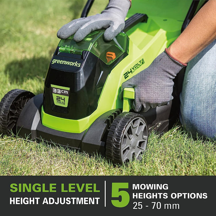 Greenworks Akku Rasenmäher 24V 33cm Bürstenloser Motor, 25-70mm Schnitthöhe, 2 Funktionen,Modell:GD2