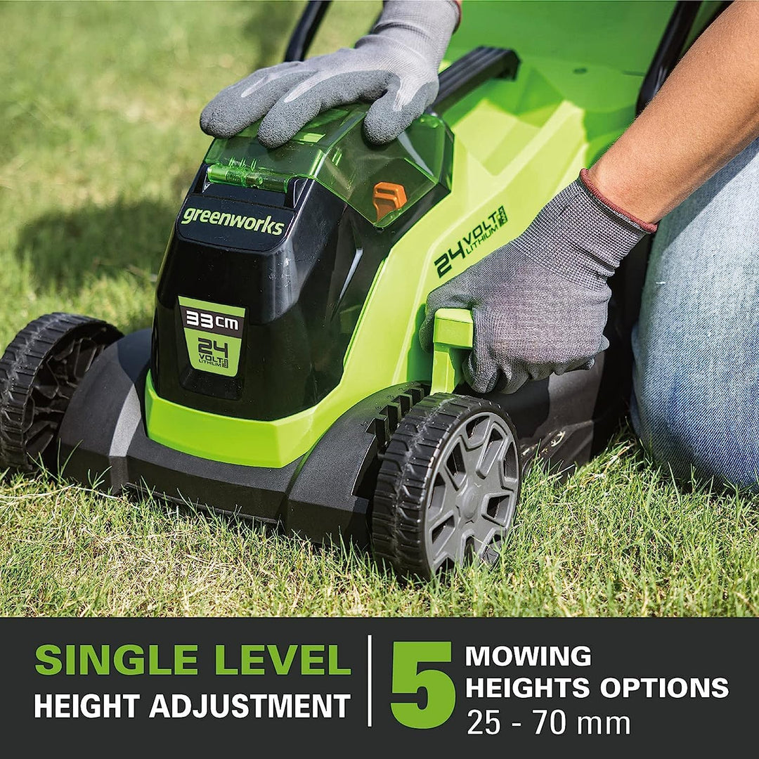 Greenworks Akku Rasenmäher 24V 33cm Bürstenloser Motor, 25-70mm Schnitthöhe, 2 Funktionen,Modell:GD2