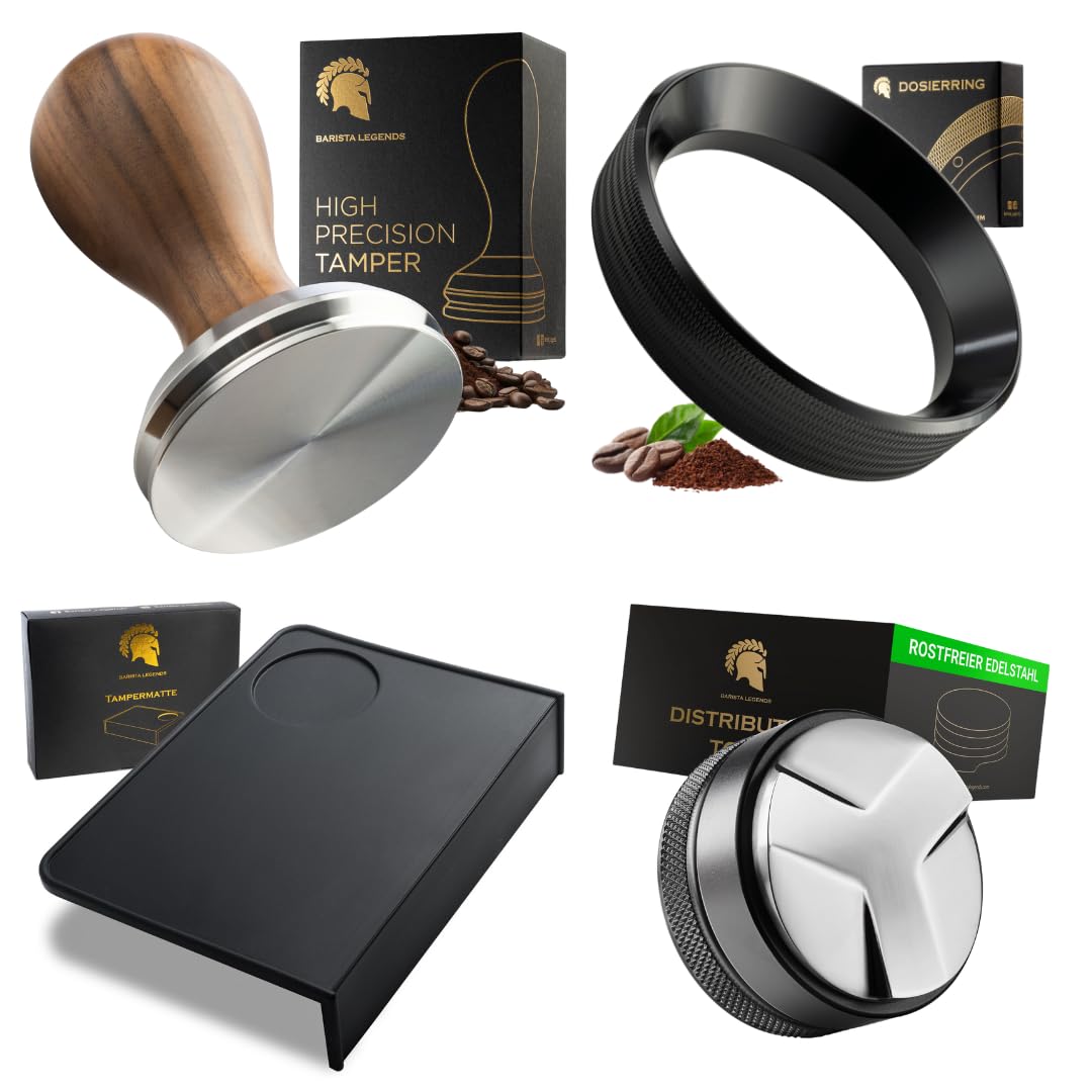 Barista Legends® Perfekt Shot Set – Tamper, Distributor Tool, Dosierring & Tampermatte | Profi Espre