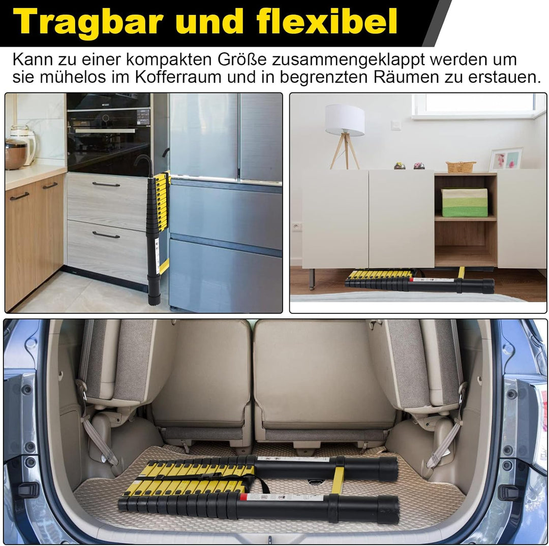 Herrselsam 3.2M Aluminium Teleskopleiter, Ausziehbare Leiter mit 2 Abnehmbarem Haken, Multifunktions