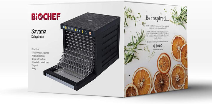 BioChef Savana Dörrautomat mit 6, 9 oder 12 Edelstahl Einschüben + Zubehör - BPA Frei - Modernes Dör