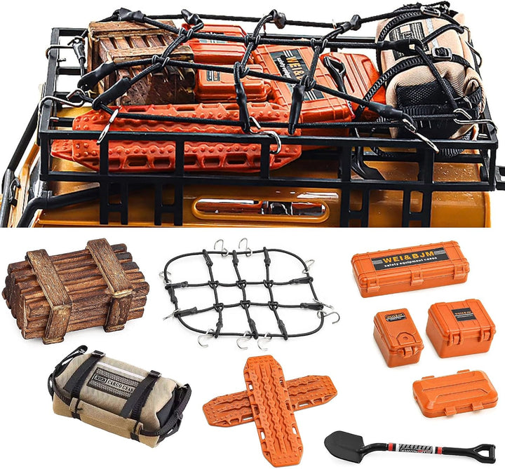 Ezweiji RC Crawler Car Dachdekoration 10-in-1 Tankaufbewahrungsbox, Gepäcknetz, Schaufel, Für Traxxa