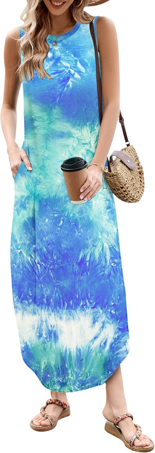 AUSELILY Maxikleider Damen Sommer Ärmellos Strandkleid Lang Sommer-Kleider M Gefärbt Blau Grün Weiss
