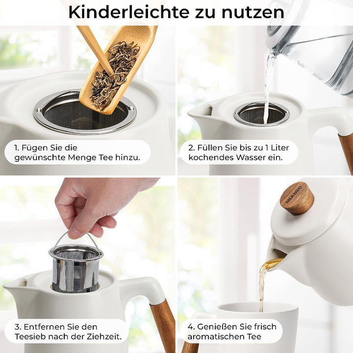 MIAMIO - Teeservice mit Teekanne Keramik (1 l) mit Stövchen (Weiss) | Teeset Teekanne &amp; Stövchen, Te