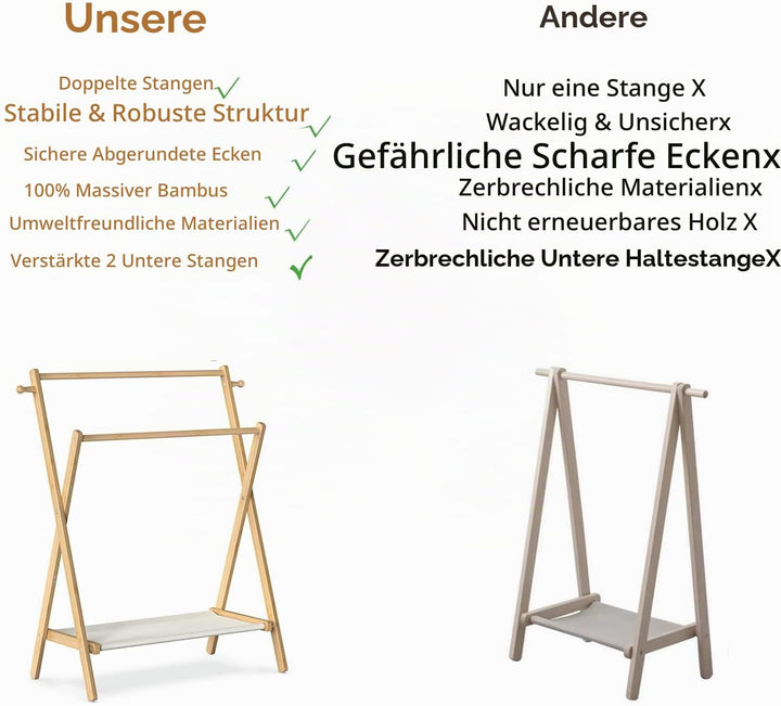 BAMBOOHOMIE Kinderkleiderständer, Kostümständer für Kinder, mit Regal und Doppelstangen, zusammenkla