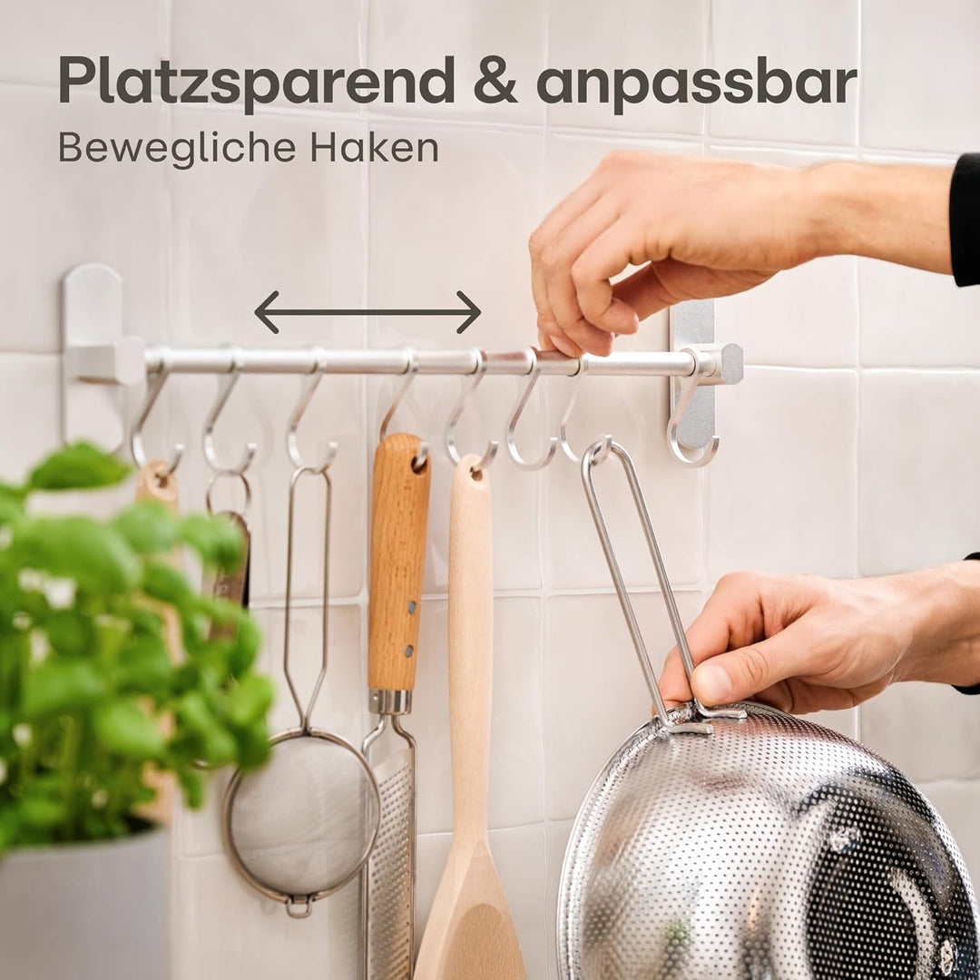 Hakenleiste für Küchenutensilien mit 8 Haken - Ohne Bohren - Selbstklebend - 40 cm - Verstellbar