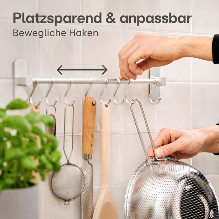 Hakenleiste für Küchenutensilien mit 8 Haken - Ohne Bohren - Selbstklebend - 40 cm - Verstellbar