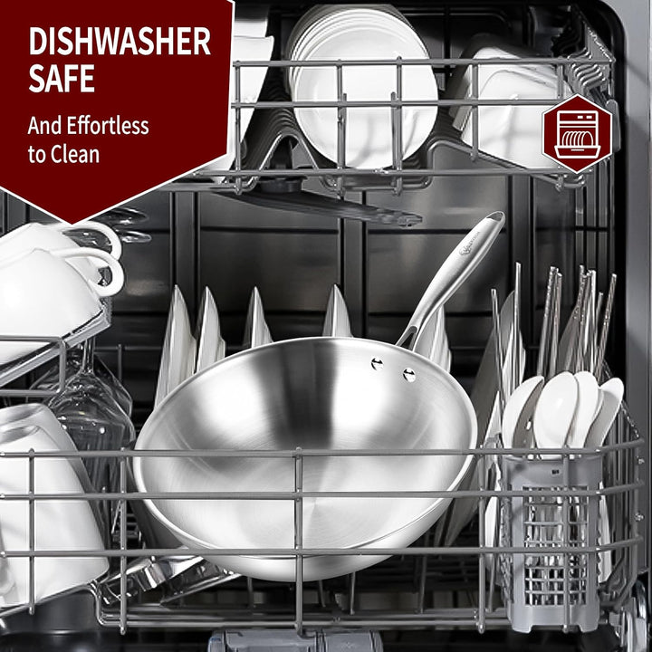 LOLYKITCH Wokpfanne Edelstahl 26 cm mit Deckel, Unbeschichtete Wok Pfanne für Induktion &amp; Gasherd, E