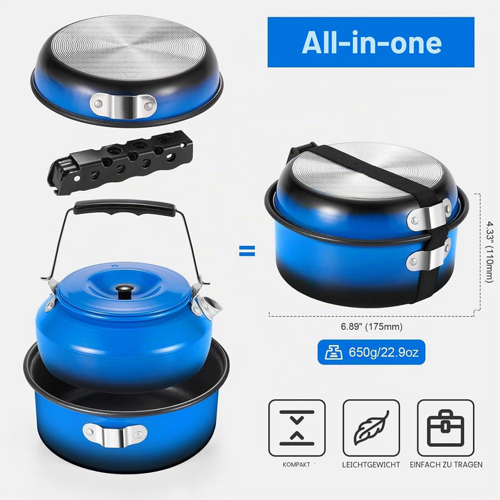 Odoland 5pcs Camping Geschirr Set, Antihaft-Leichtgewicht Topf Pfanne Kettle Set mit einem abnehmbar