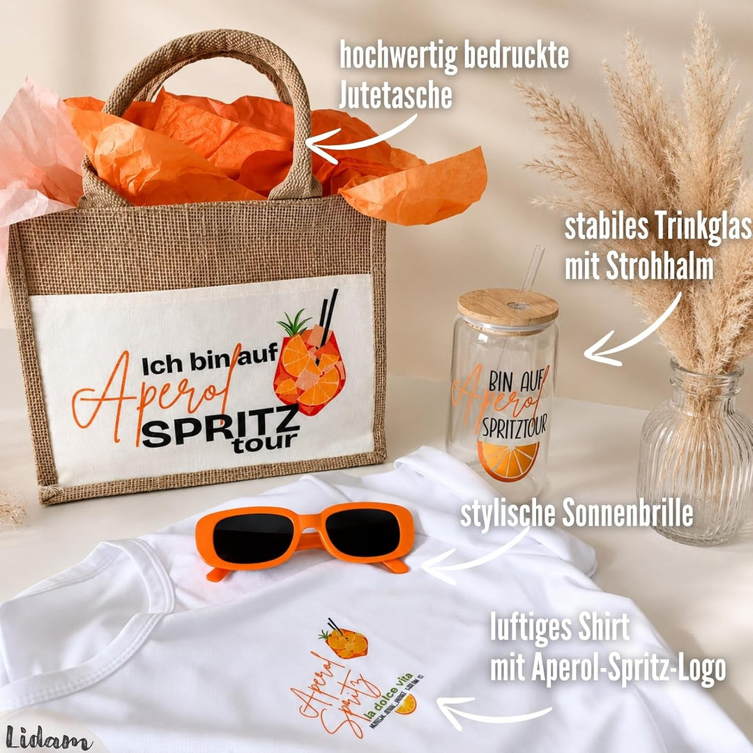 Aperol Spritz Geschenkset | Jutetasche mit Aperol T-Shirt Damen, Trinkglas mit Strohhalm | Sommer Ge