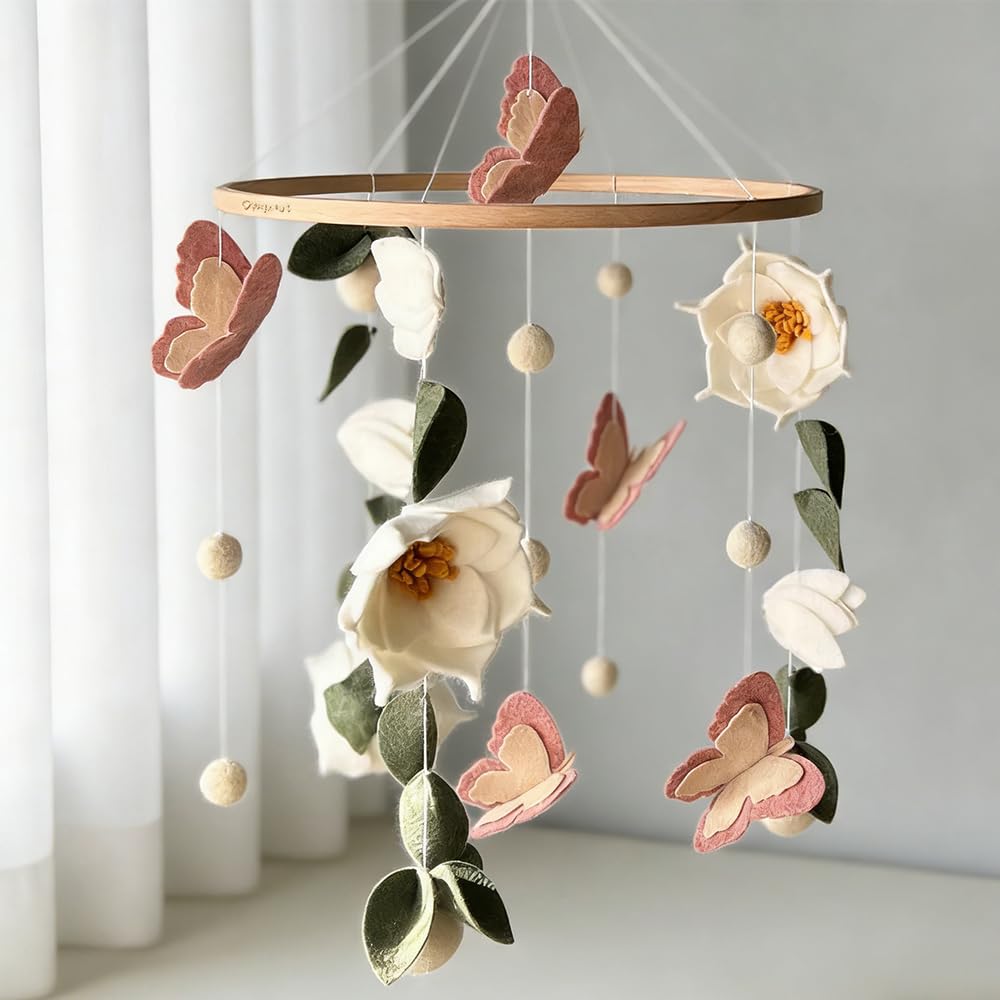 Baby Mobile Blumen & Schmetterlinge, Mobile fürs Babybett und Wickeltisch, Babyzimmer Deko mit Waldm