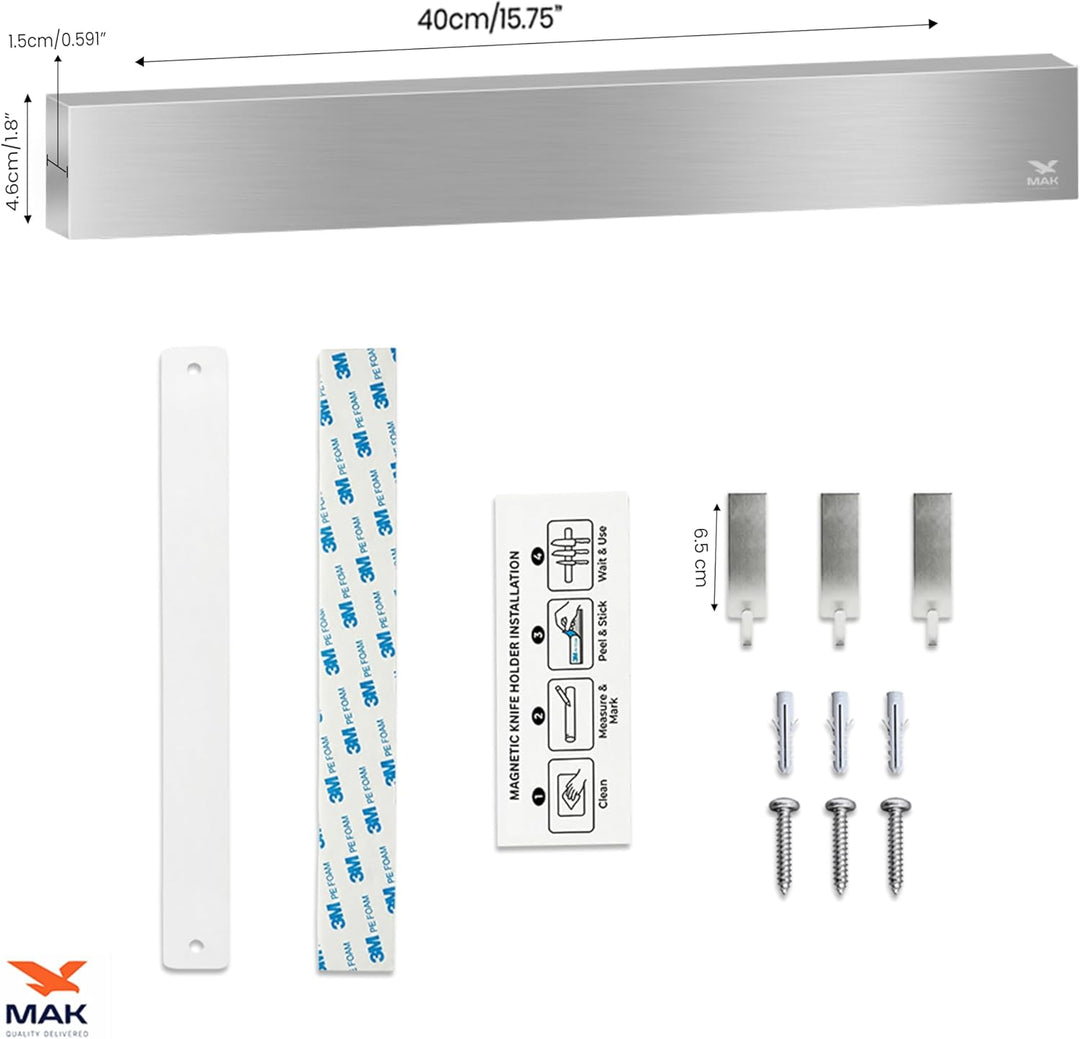 Starker magnetischer Messerhalter 40 cm – Edelstahl Messerleiste in Silber zur Wandmontage mit 3 Hak