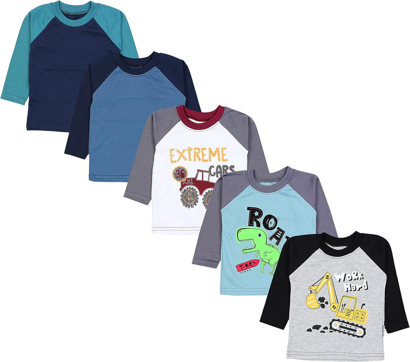 TupTam Baby Jungen Langarmshirt Gestreift 5er Set 50 Bagger Monster Tuck Dino Grau Blau Grün, 50 Bag