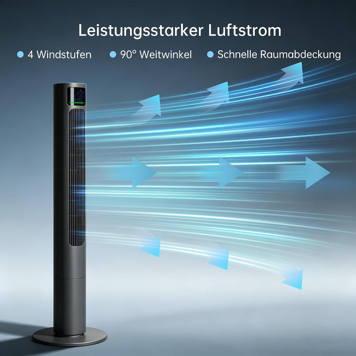 PHILODECO Turmventilator 115 cm Grau, leiser Standventilator mit Fernbedienung leise, 10 m Reichweit
